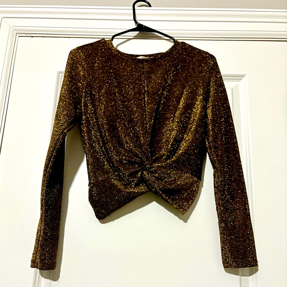 Sparkly Black & Gold Long Sleeve Knotted Crop Top